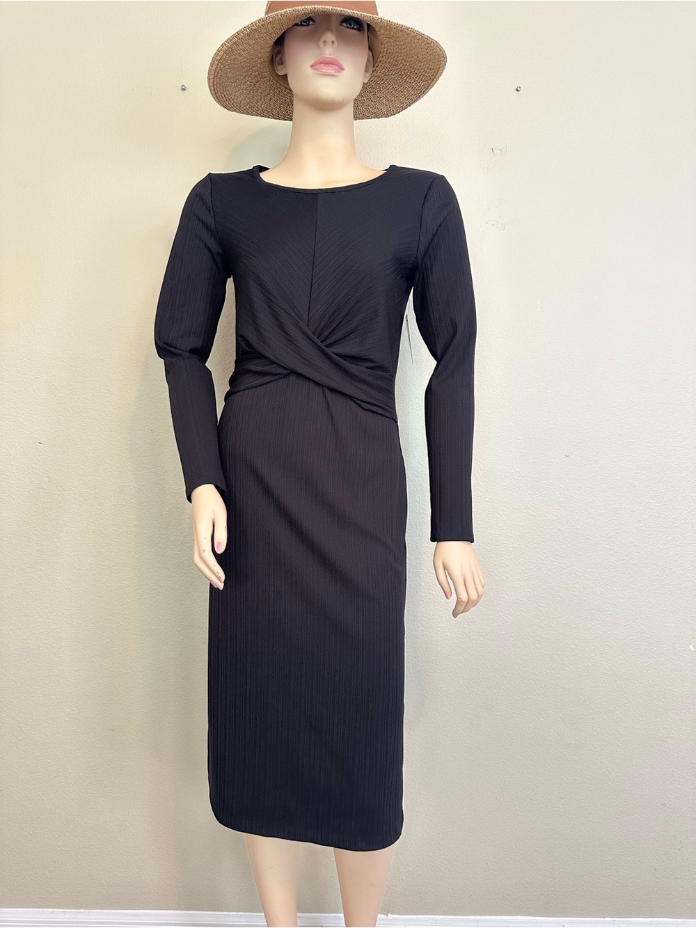 Nine West Black Ribbed Twist Front Midi Dress Small